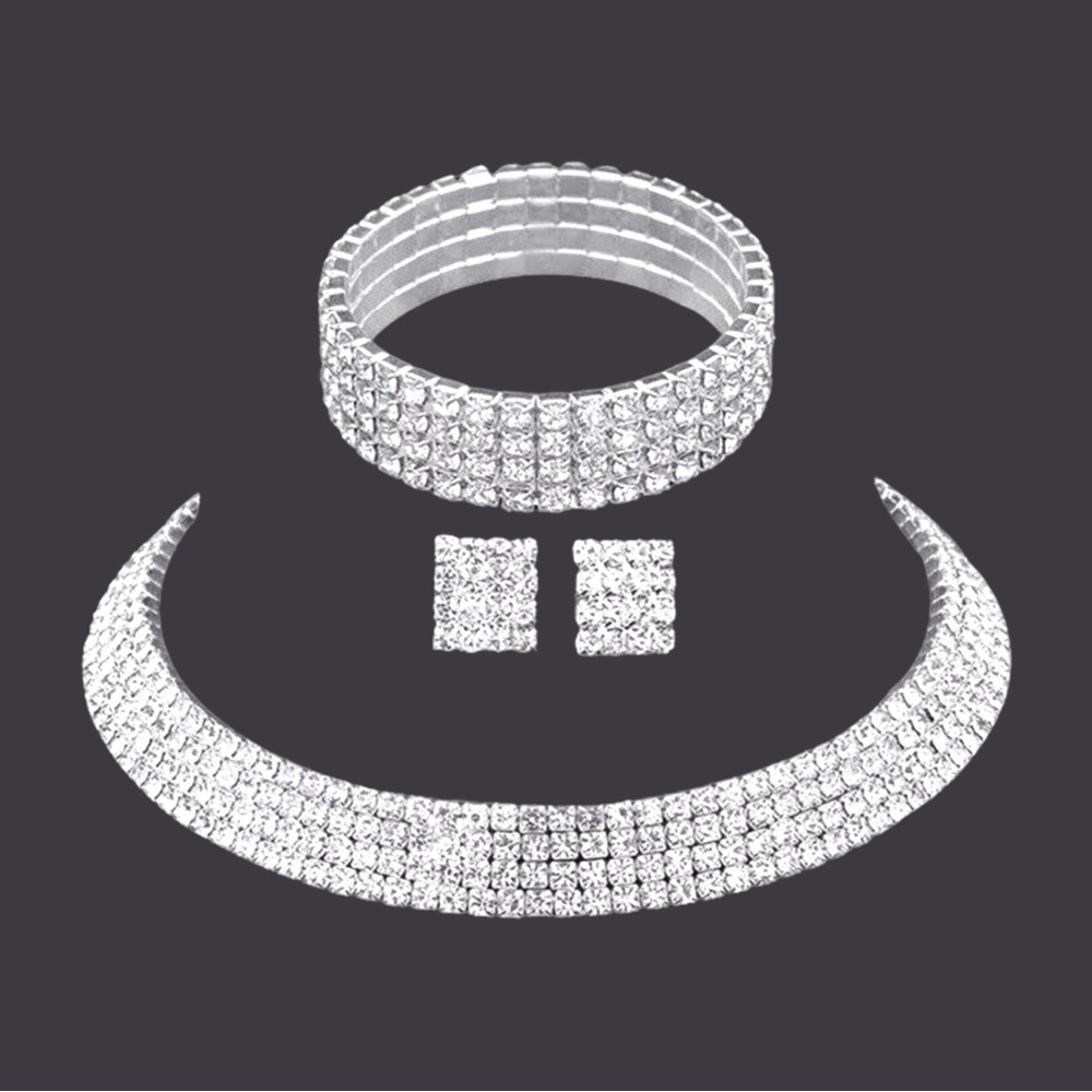 Clear White Rhinestone Gemstone Necklace Bracelet Earrings Choker Prom Set